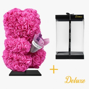 Deluxe Bear On Stand 25 Cm – Fuchsia Foam With Bouquet – In Luxury Gift Packaging 25 Cm