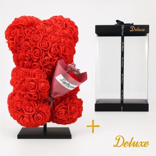 Deluxe Bear On Stand 25 Cm – Red Foam With Bouquet – In Luxury Gift Packaging 25 Cm