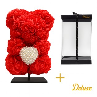 Deluxe Bear On Stand 25 Cm – Red Foam With Diamond Heart – In Luxury Gift Packaging 25 Cm