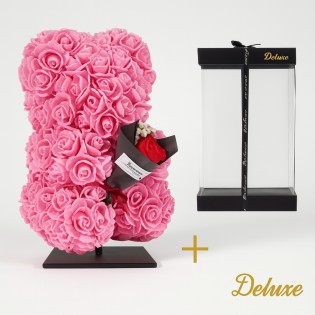 Deluxe Bear On Stand 25 Cm – Pink Foam With Bouquet – In Luxury Gift Packaging 25 Cm