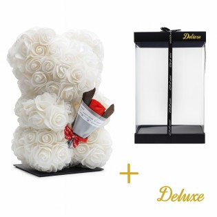 Deluxe Bear On Stand 25 Cm – White Foam  With Bouquet – In Luxury Gift Packaging 25 Cm