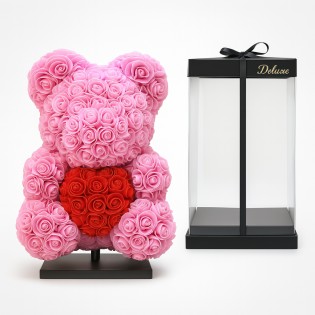 Deluxe Bear On Stand 40 Cm – Dark Pink Foam With Red Heart – In Luxury Gift Packaging 40 Cm
